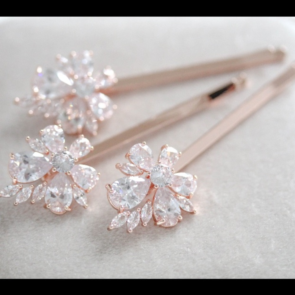 Yellow Gold Floral Crystal Hair Pins Set • Bridal or Special Occasion